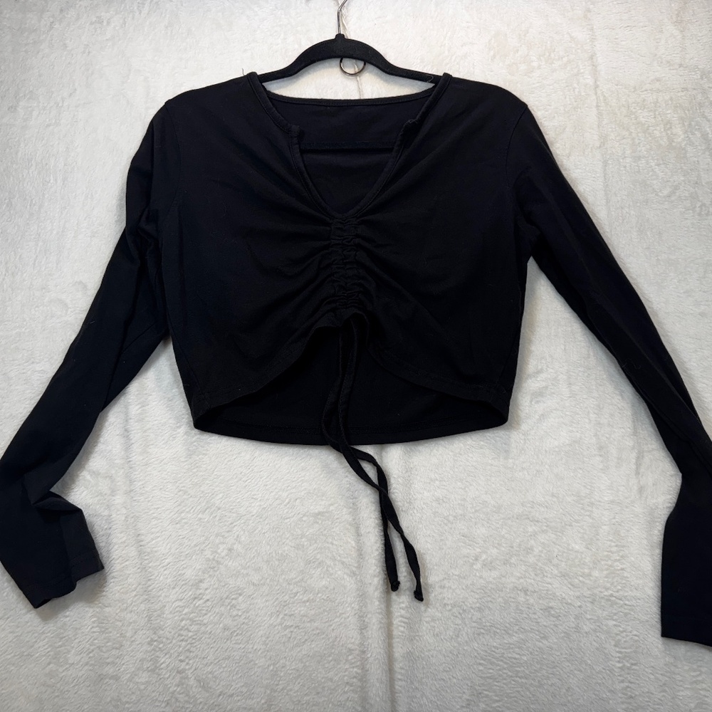 Missguided Crop Top Womens Size Large Black Long Sleeve Scrunch Front Goth 90s